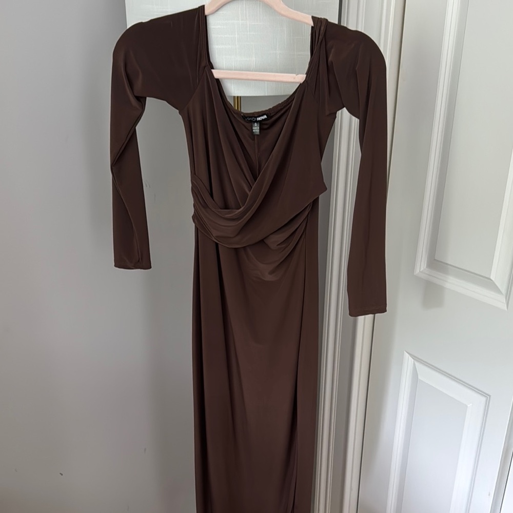 Fashionnova Elegant Brown Long Sleeve Dress